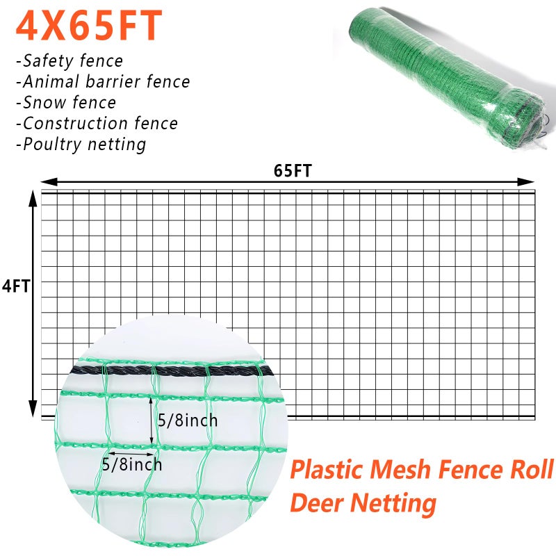 POYEE 4'x65' Garden Fence Temporary Fence Plastic Fence Safety Fencing Snow Fencing for Poultry Deer Rabbit Chicken Dog Animal Barrier Green - Image 2